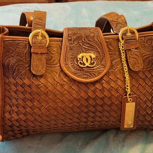 Sharif Brown Leather Shoulder Bag with Woven Texture